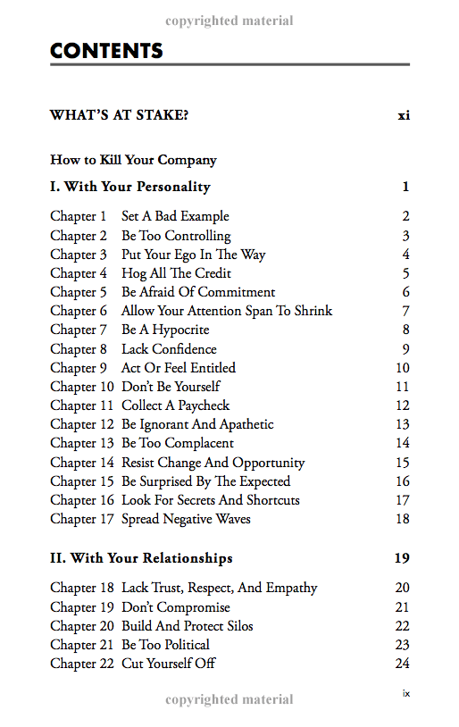How to Kill Your Company Book Contents